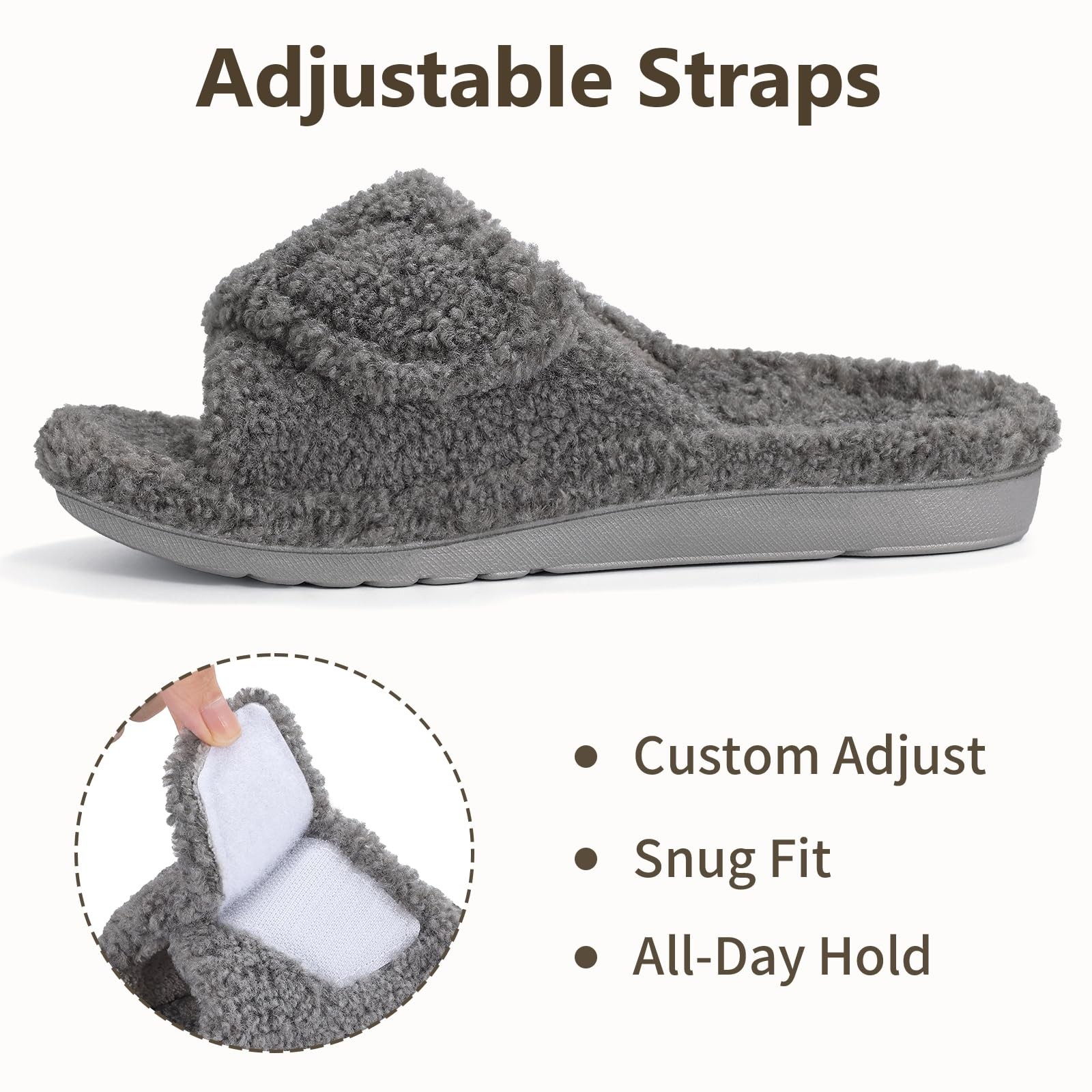 Litfun Womens Fuzzy Arch Support Slippers 5.5-6 Women/4-4.5 Men, Grey Nubby