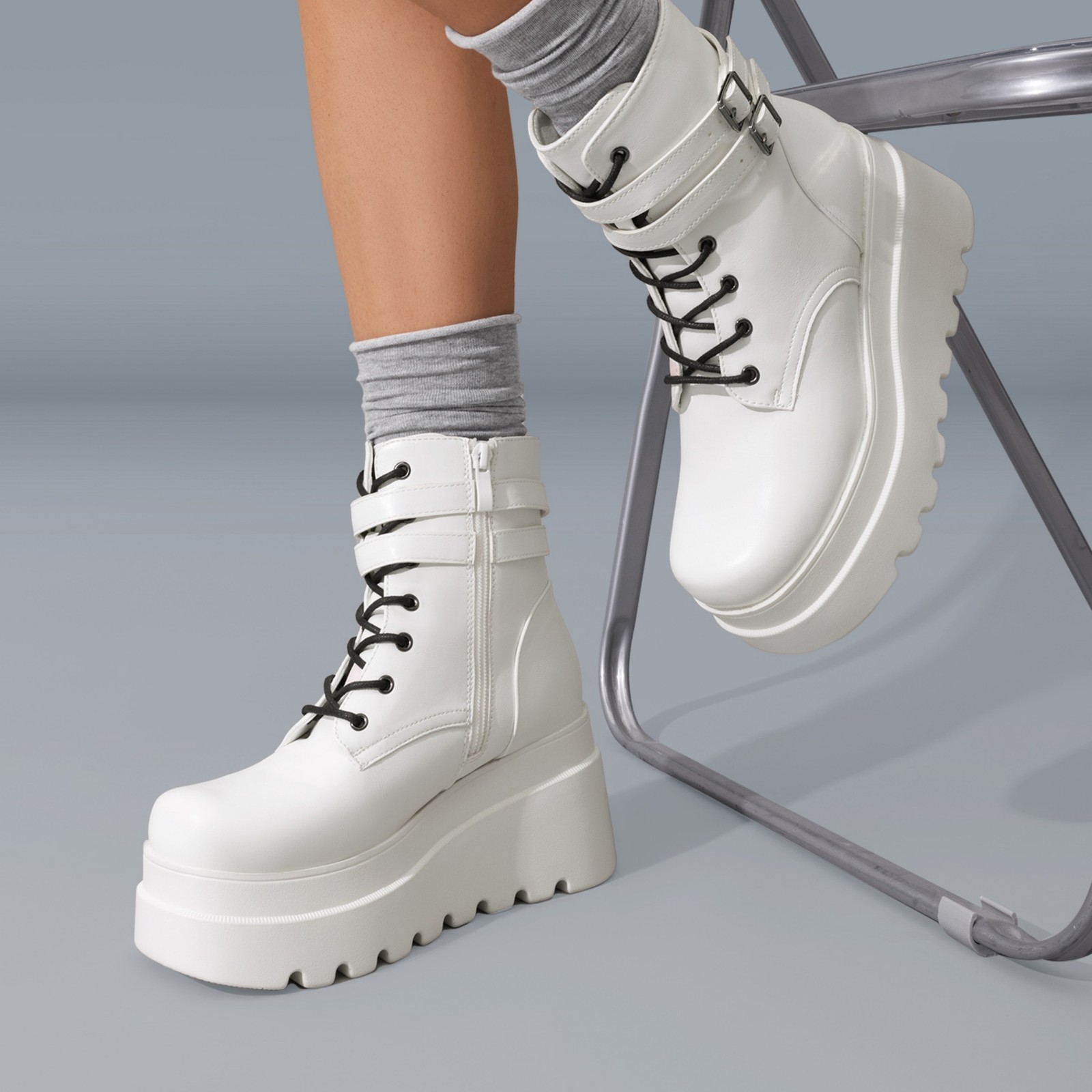 Women Platform Combat Ankle Boots 3.5inch High Heel Lace Up Fall Winter Boots