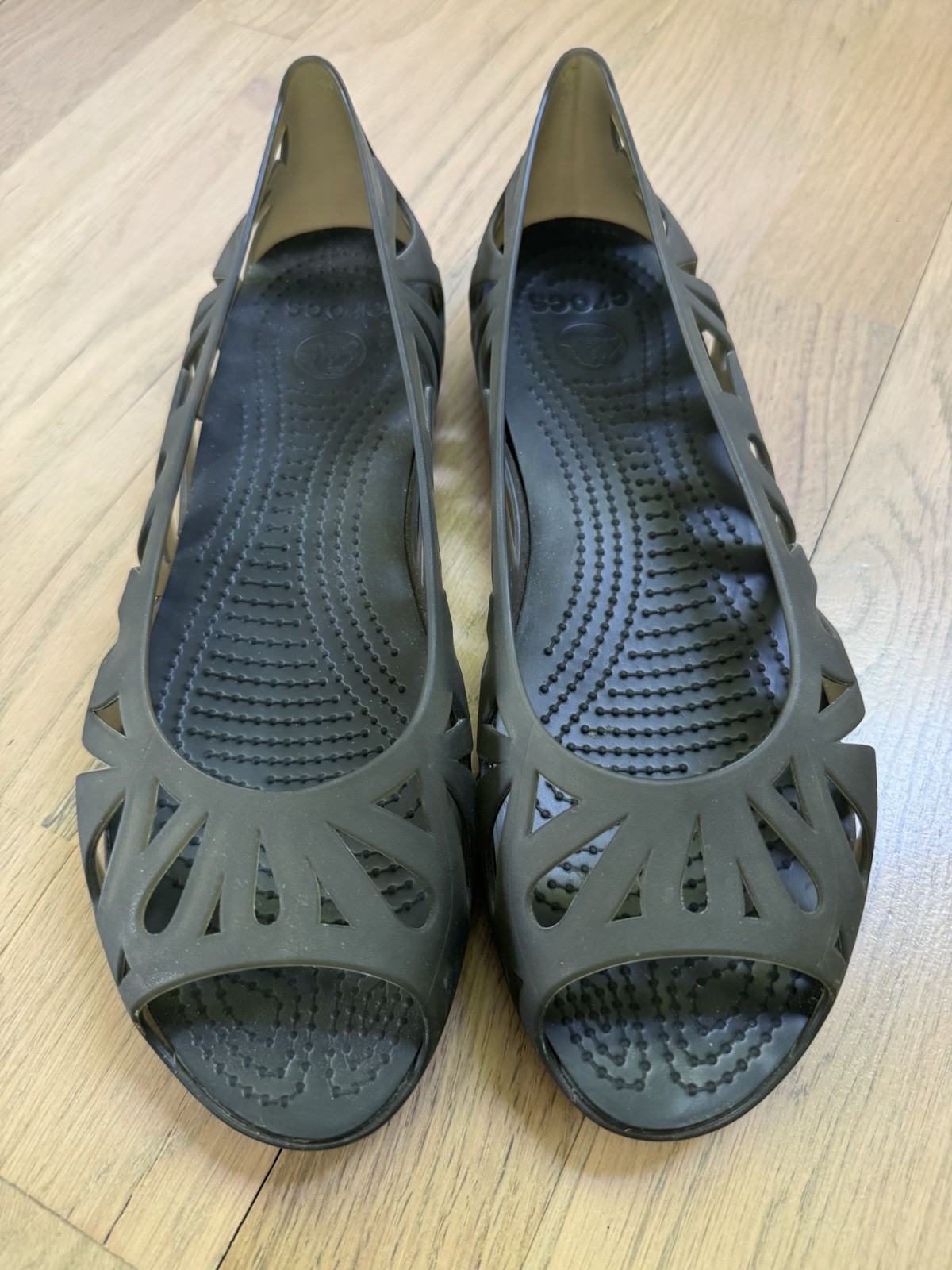 Crocs Adrina III Flats W10 Olive Green Peep Toe Jelly Cutout Slip On Shoes