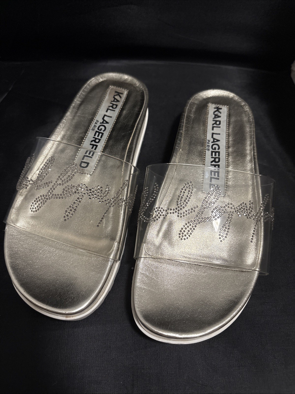 Karl Lagerfeld Paris Gala Crystal Logo Slides Silver/Gold Metallic Clear Size 5