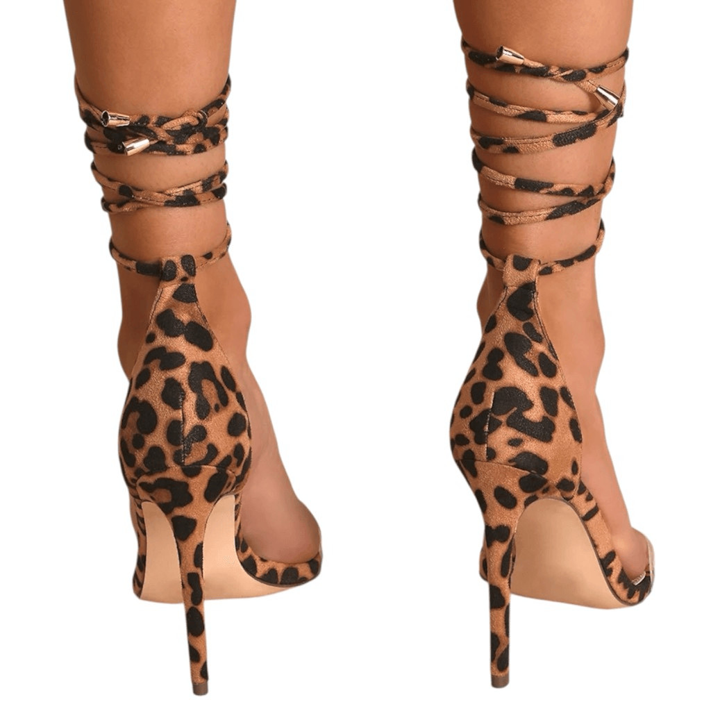 NEW Lulus Ledah Leopard Suede Lace-Up Heels Size 6.5 Clear Strap Stiletto 4.25”