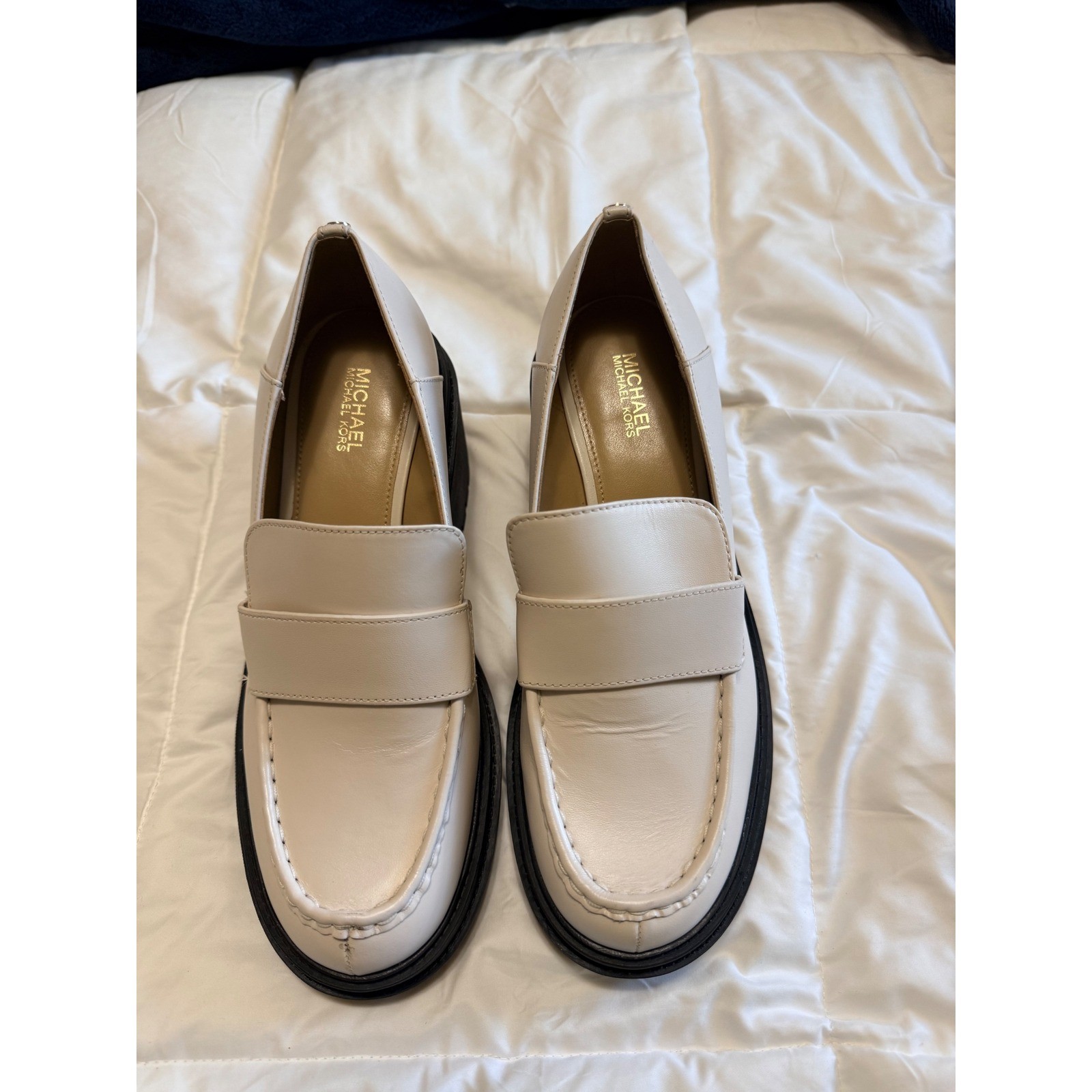 Michael Kors Parker Leather Platform Lug Sole Loafers Cream Black Womens 7M