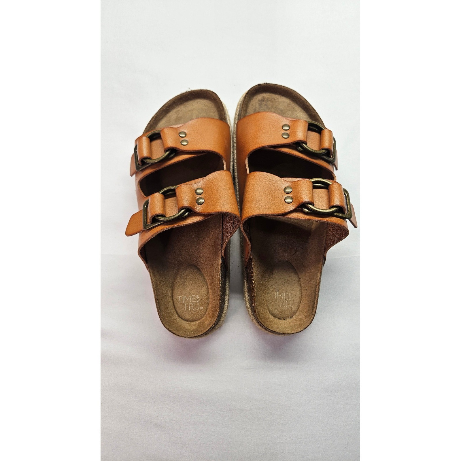 Time n Tru Womens Cognac Brown Double Strap Buckle Slide Sandals Espadrille Trim