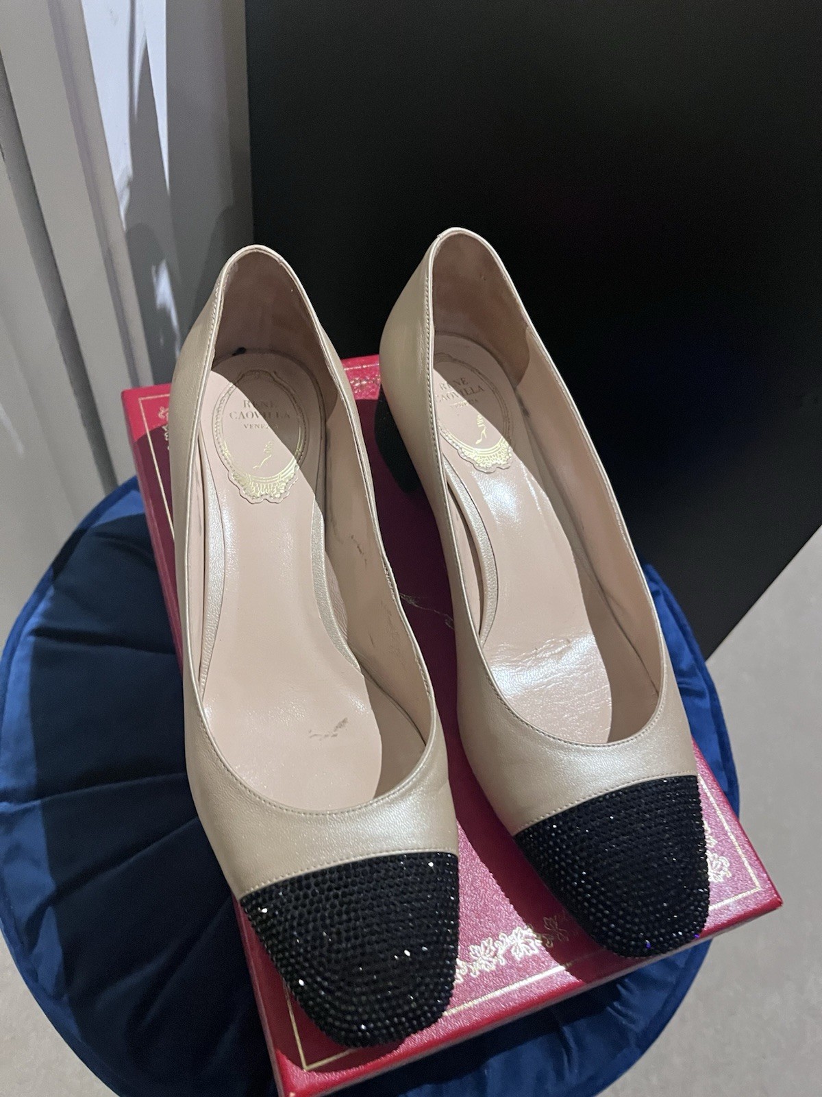 René Caovilla Bonnie Crystal Block Heel Pumps Leather Beige Black EU 38