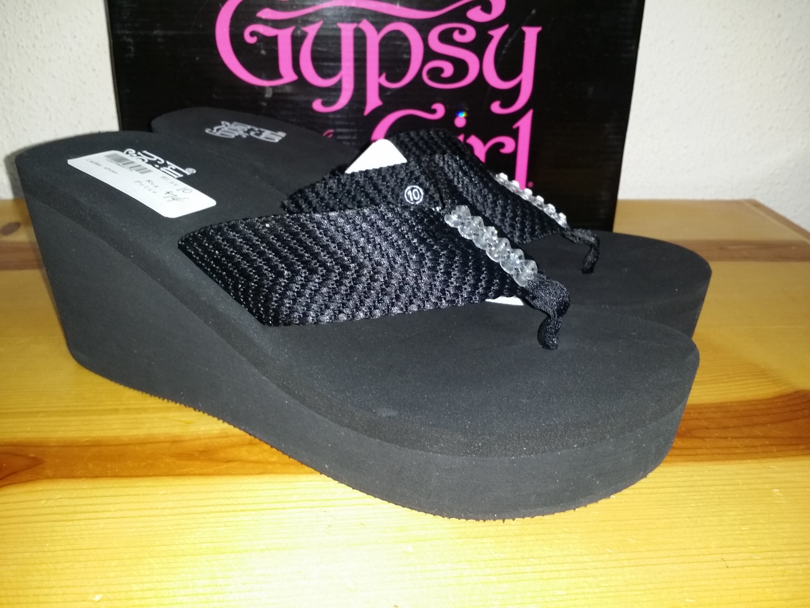 $74 WOMENS 10M CORKYS GYPSY GIRL GLISTEN WEDGE HEEL RHINESTONE SANDAL BLACK
