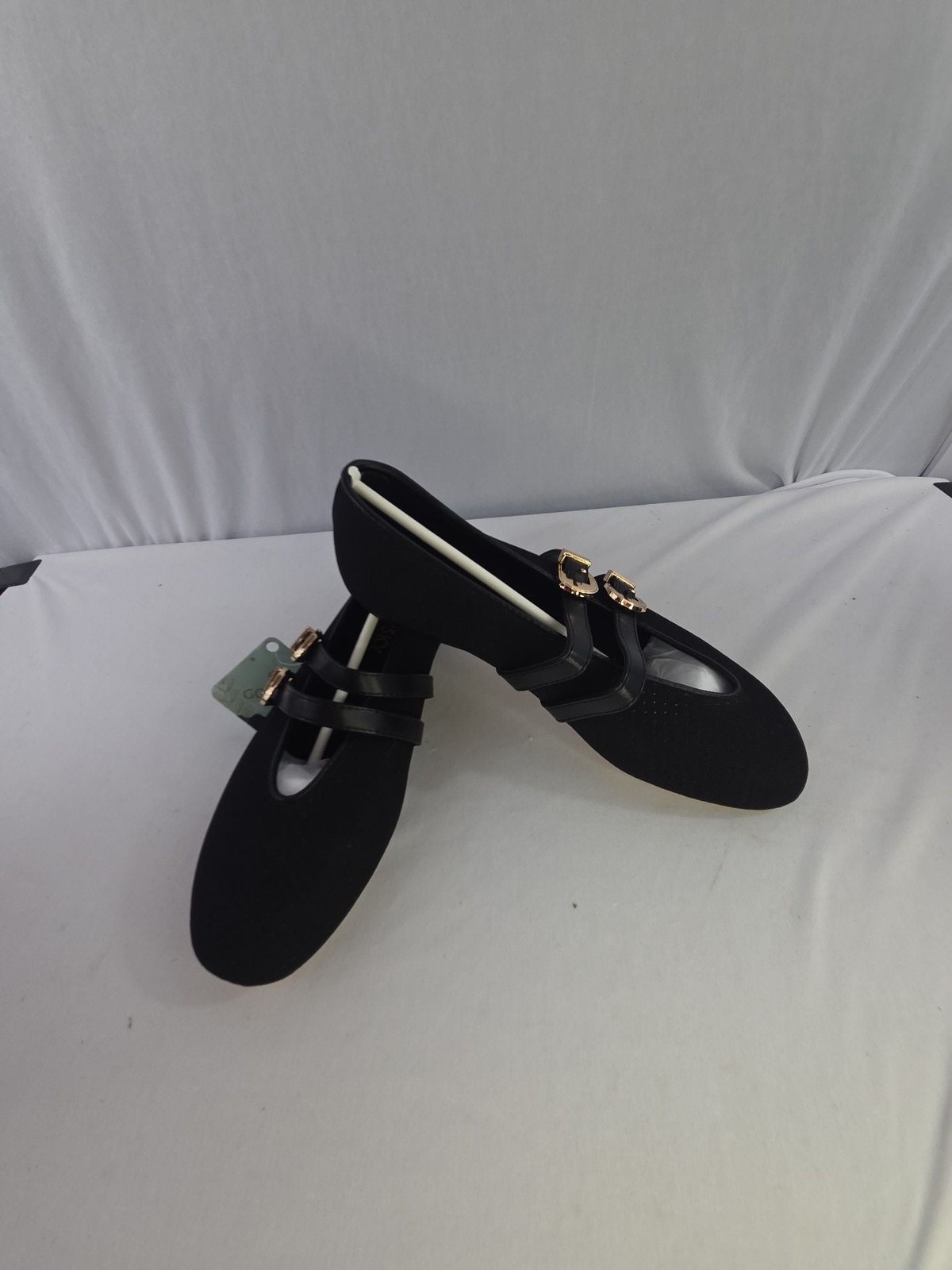 Goupsky Black Perforated Suede Mary Jane Flats with Double Buckle Straps