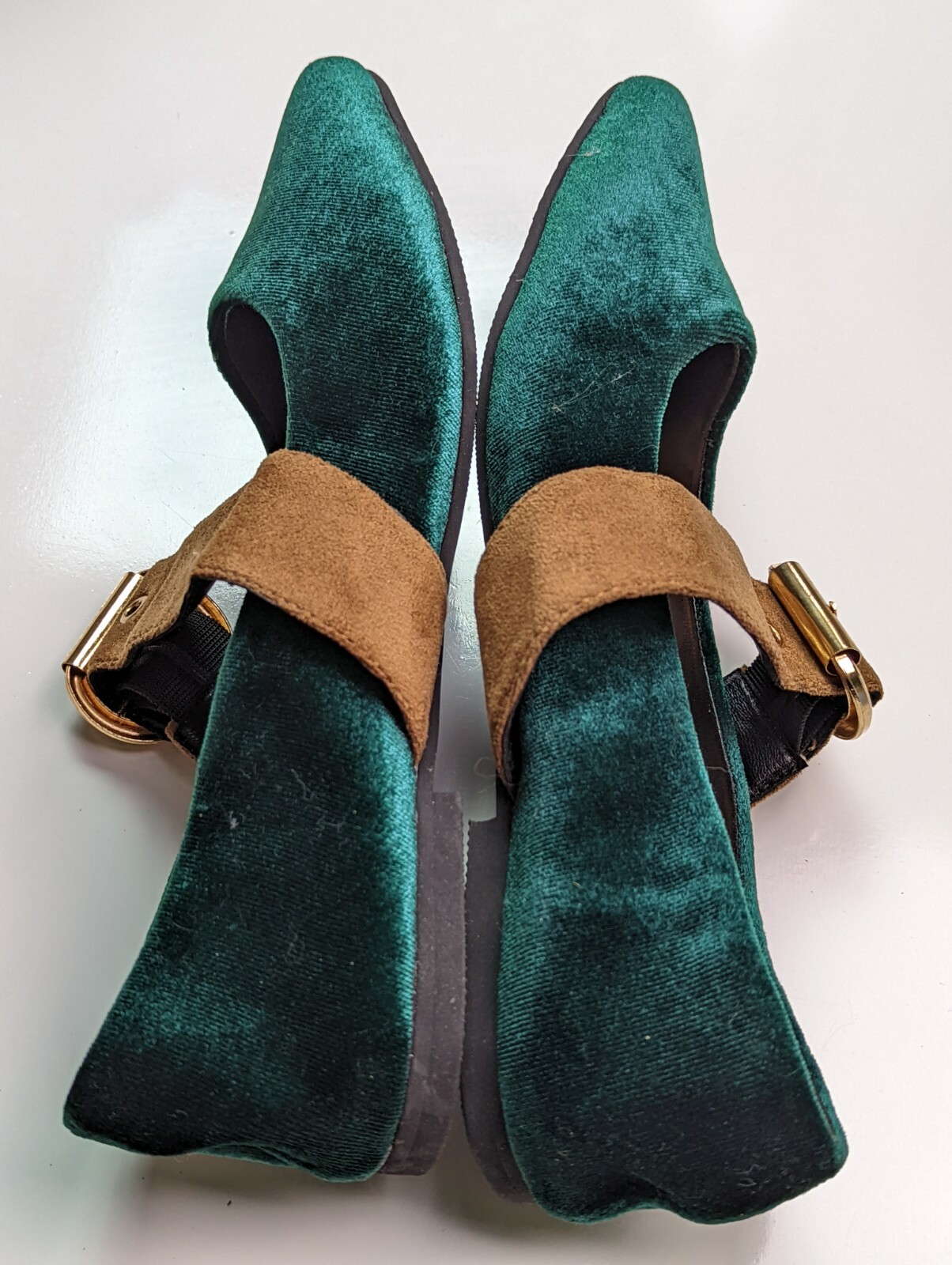 MEIJIAMINGNV Emerald Green Fabric Mary Jane Flats Brown Strap Size 230 US 6
