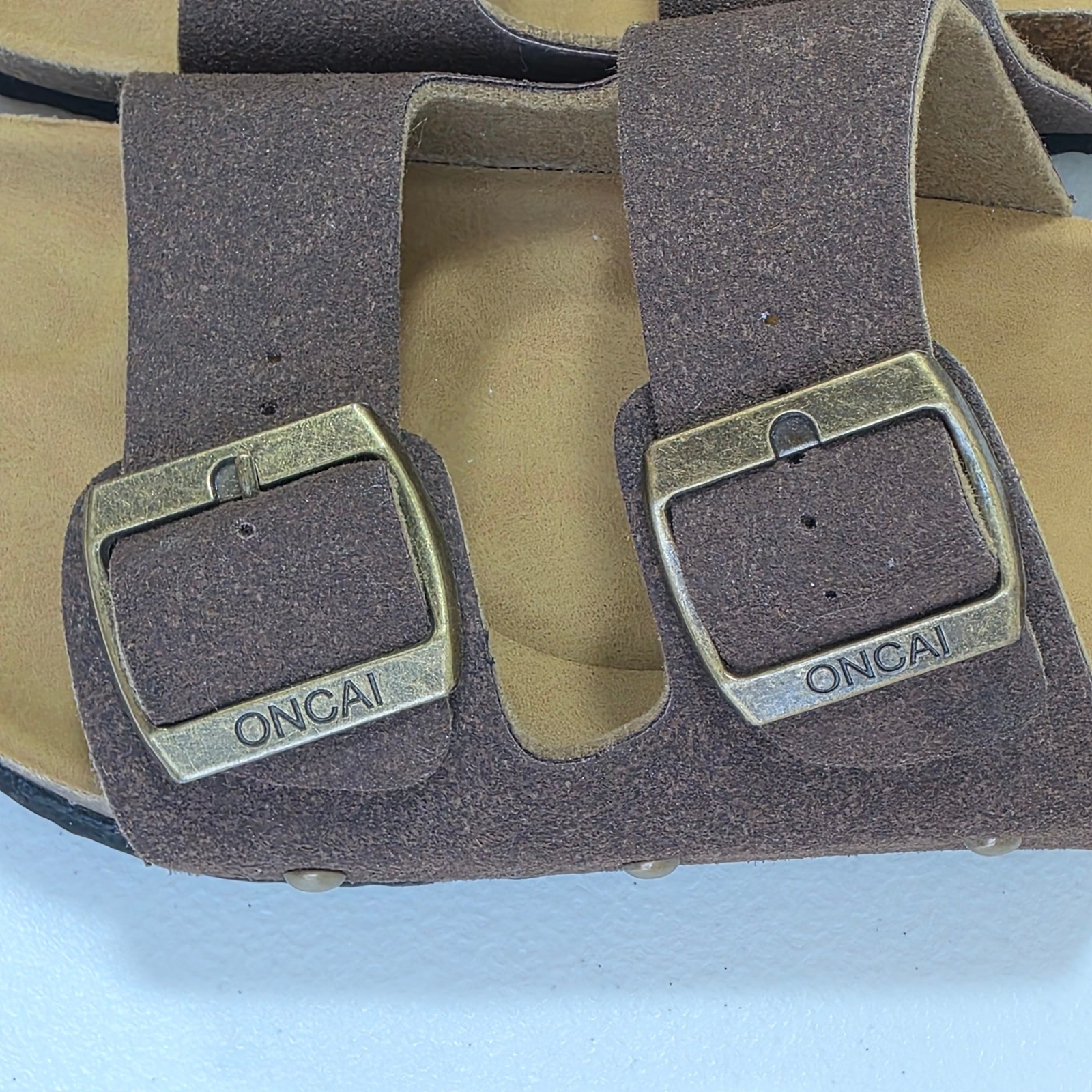 NCAI Boho Brown Vegan Suede Flats Double Strap Buckle Slide Sandals Womens 6 New