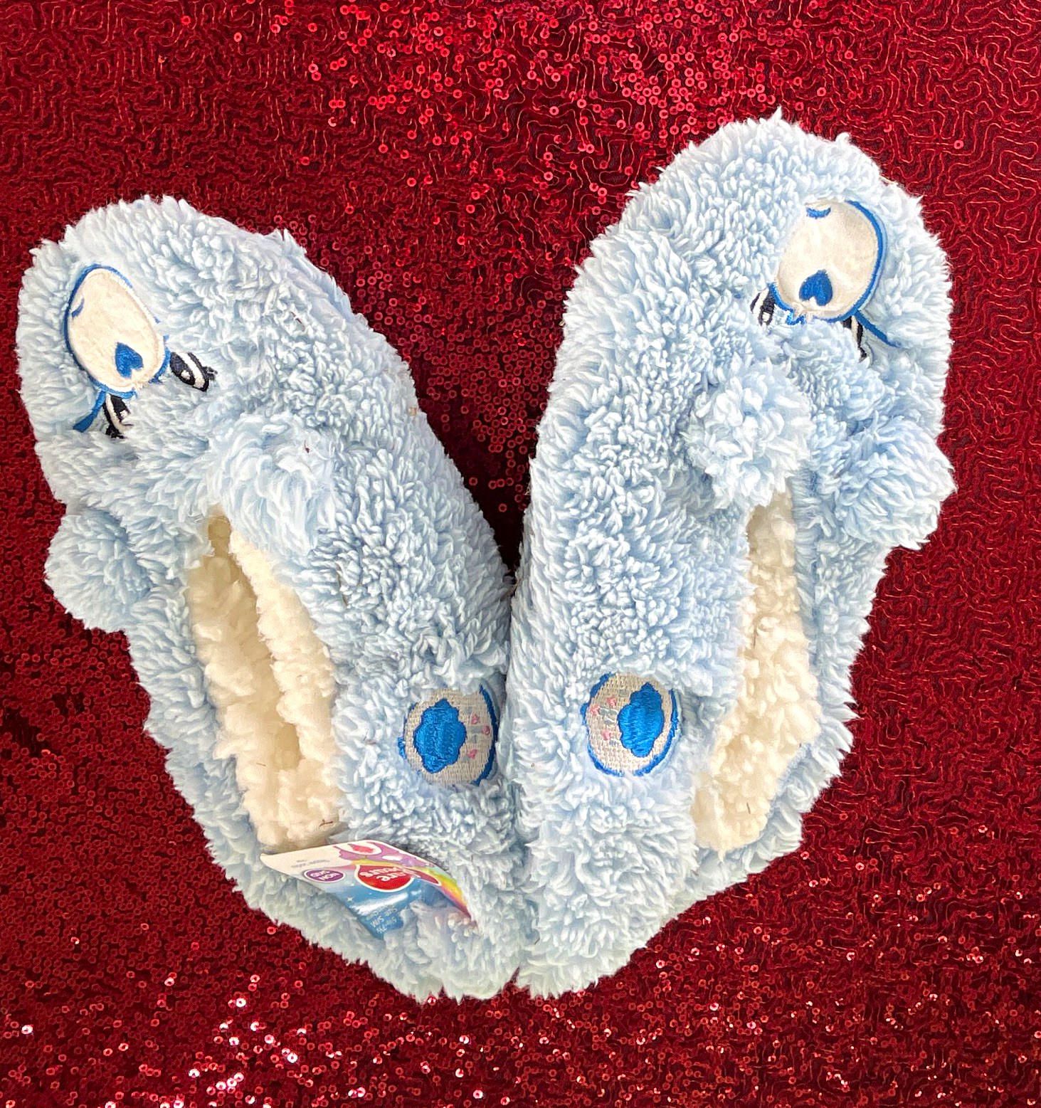 Women’s Blue/White Faux Fur Lined Bear Slip-On Slippers Embroidered US 6.5