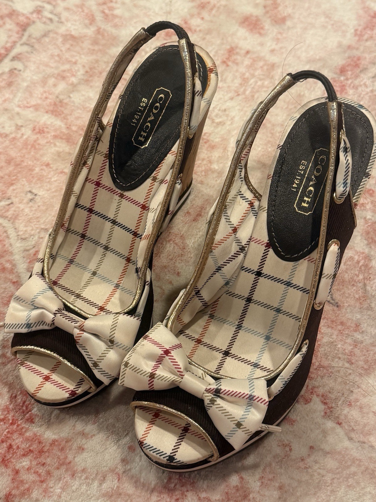 #Vintage Coach Plaid Slingback Wedge Sandals w/ Bow 🎀 US 6