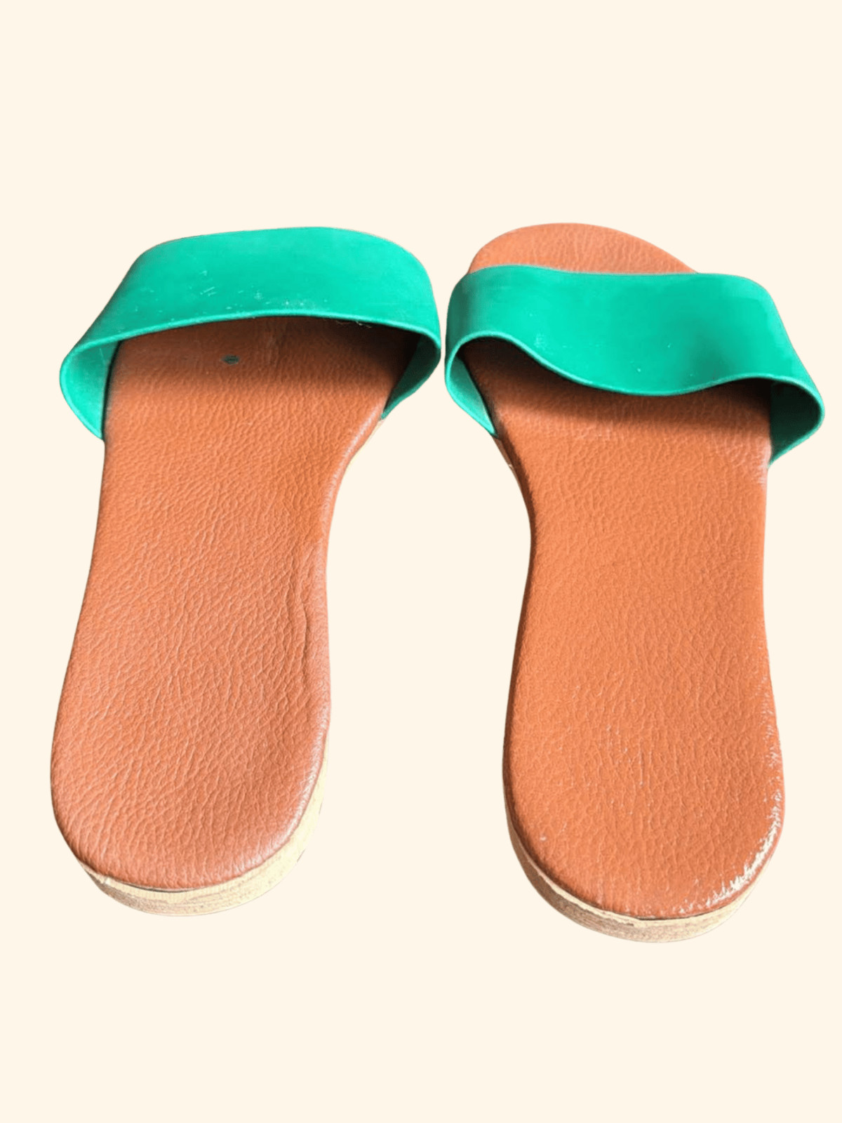 Handmade Leather Flat Sandals Women Slide Summer Shoes Turquoise Green Size 7.5