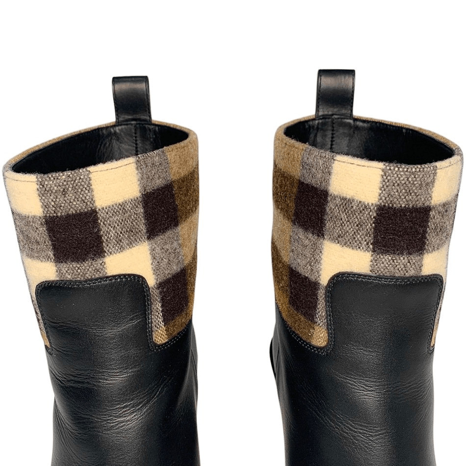 Burberry Danielle Low Calf Nova Check Heeled Boot EU 38 Leather and Wool Pull On