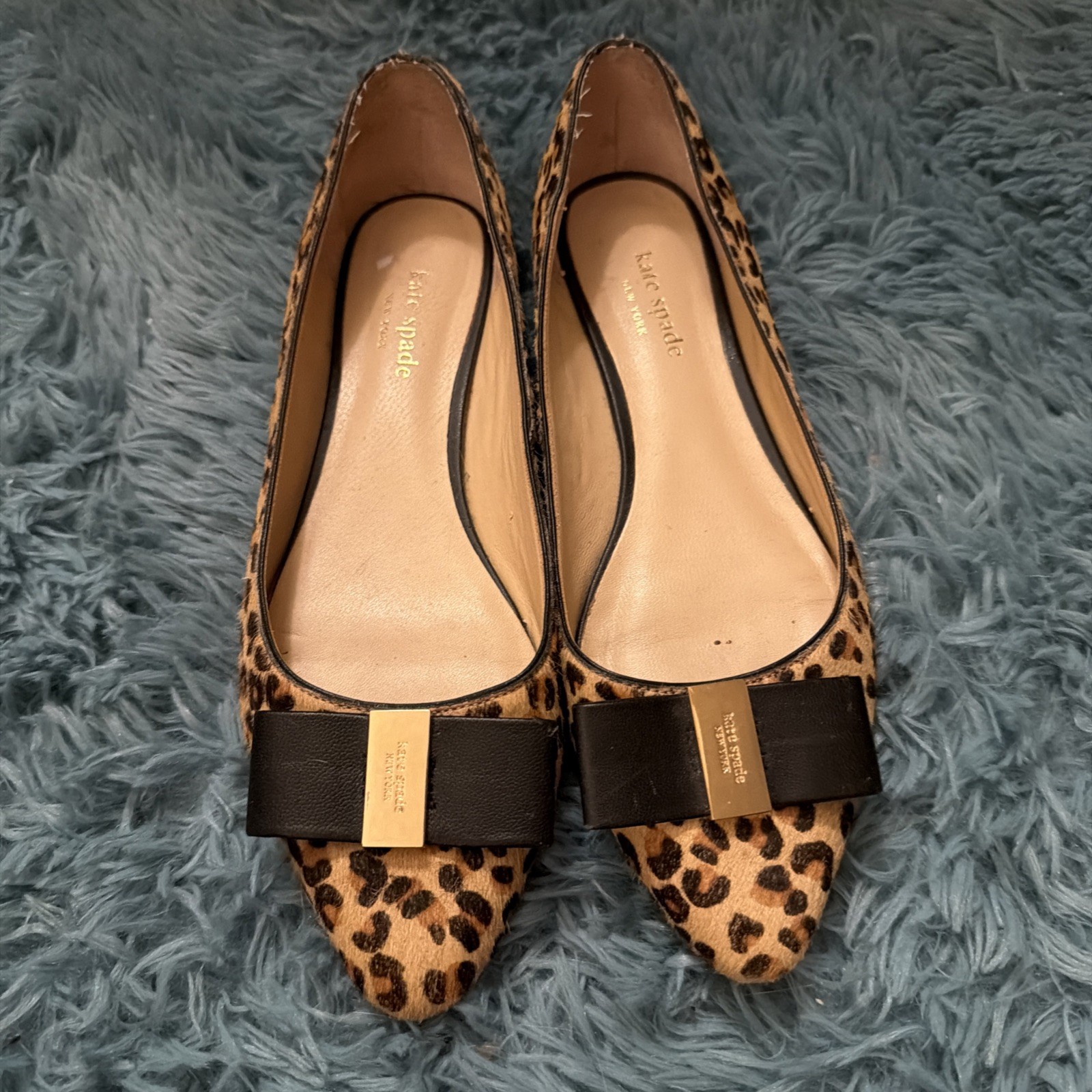 Kate Spade Nora Leopard Print Calf Hair Ballet Flats with Bow 8.5