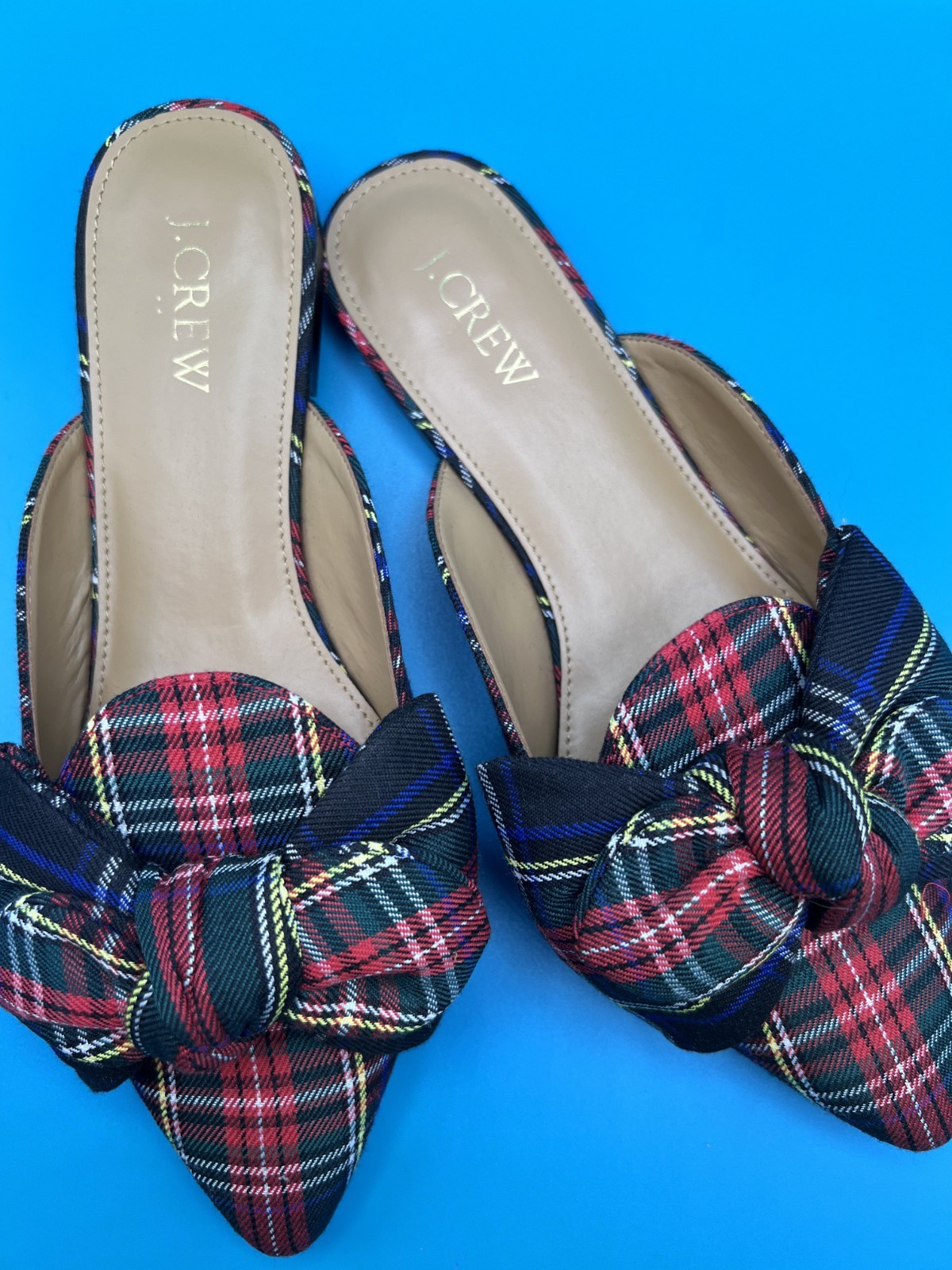 J.Crew Women’s Tartan Plaid Slip-On Mules Shoes Bow Pointed Toe Flat SIZE 7