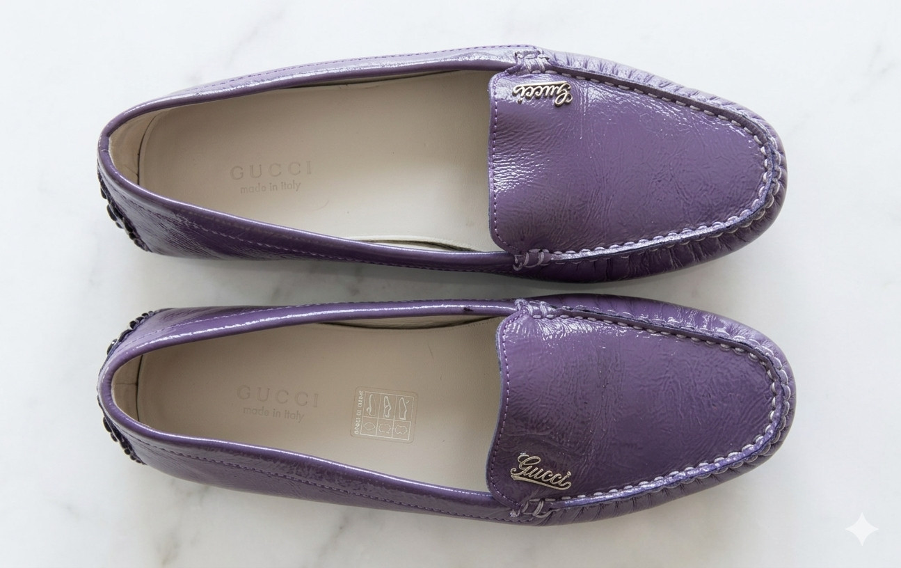GUCCI Purple Patent Leather Script Logo Driving Loafers Shoes Womens 36 Italy