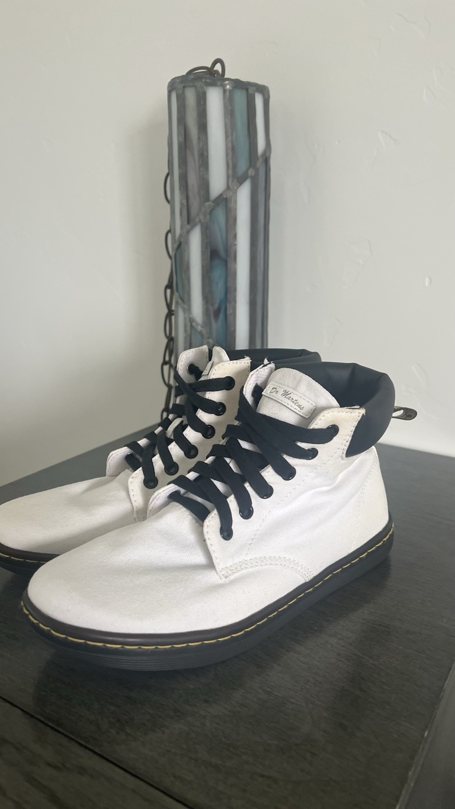 Dr. Martens Woman’s Chukka Ankle Boot White Canvas Lace-Up Black Collar US 9