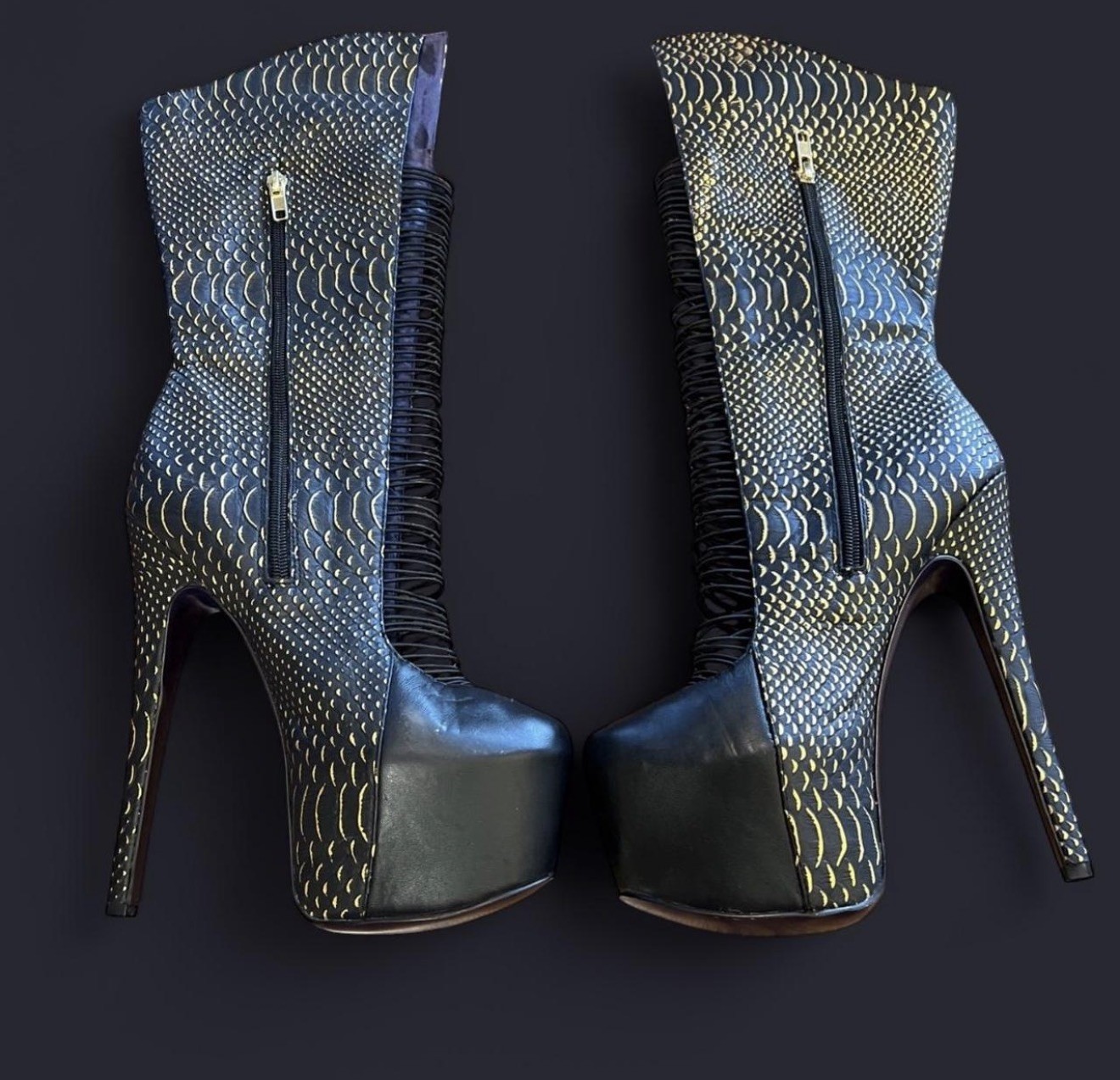 London Trash Black Gold Crucify Mid Calf Stiletto Hidden Platform Boots Size 8