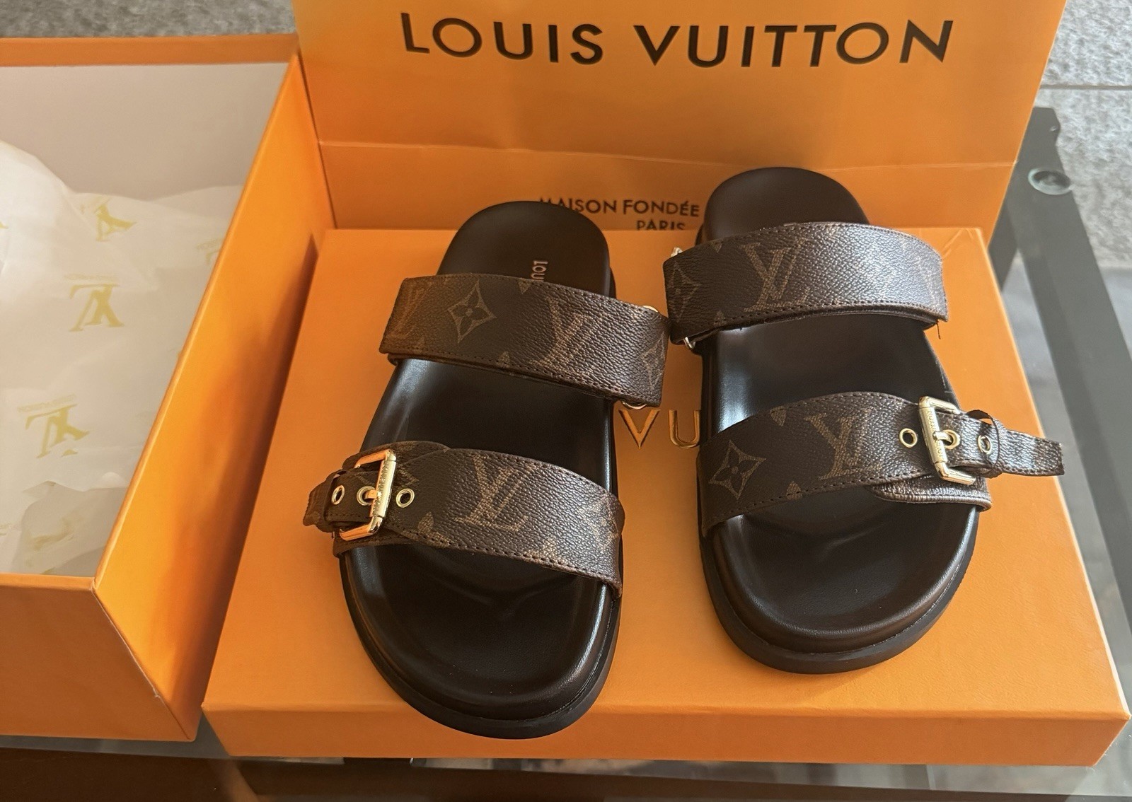 Louis Vuitton Women’s Monogram Double Strap Buckle Adjustable Slide Sandals