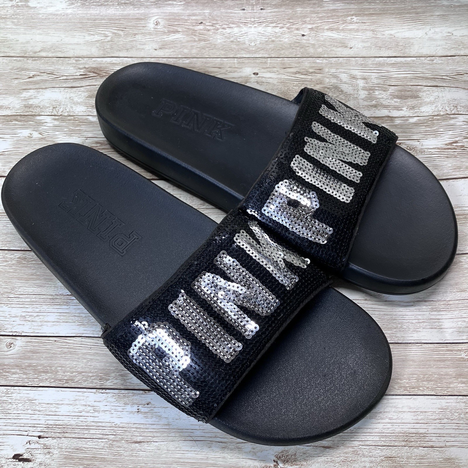 Victoria Secret Cushioned Black PINK Rhinestone Rubber Slides Womens XL