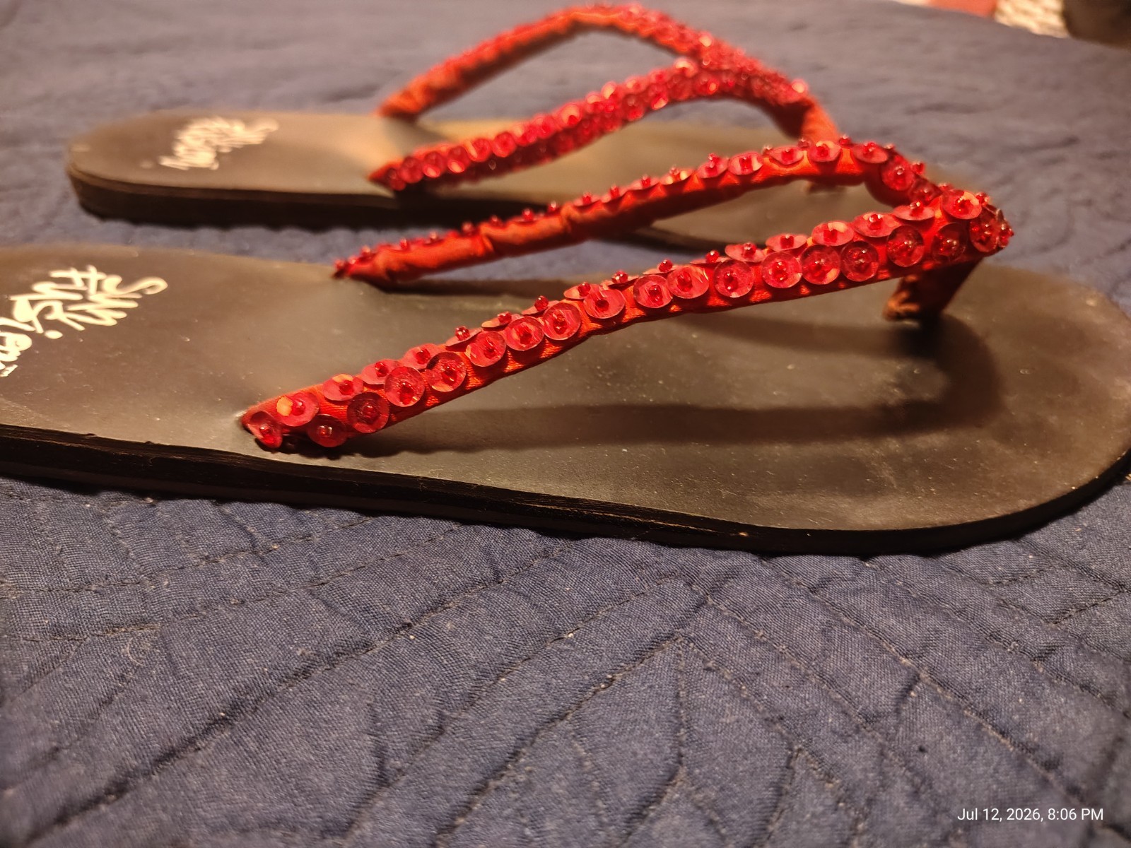 Sun Fusion Red Sequin Flip-flops Sandals Size 9/10 Slides Bling Bling Shoes