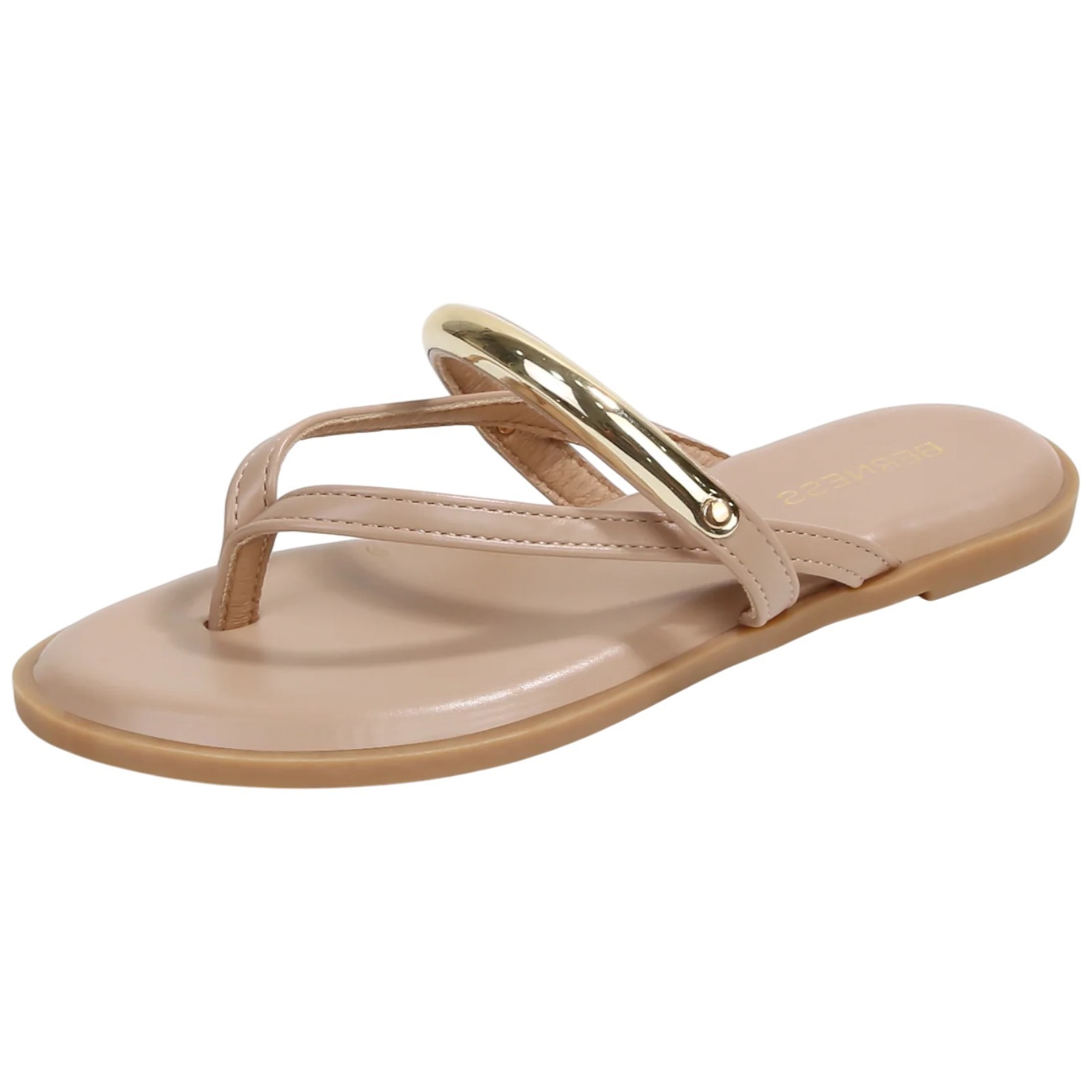 Berness Women Thong Sandals Flat Flip Flops Gold Accent Strap KARA Nude Beige