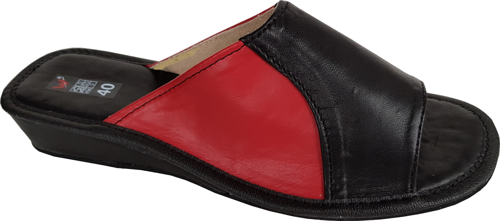 Mules-slippers-slides size 36 real leather, black-red, (pl396)