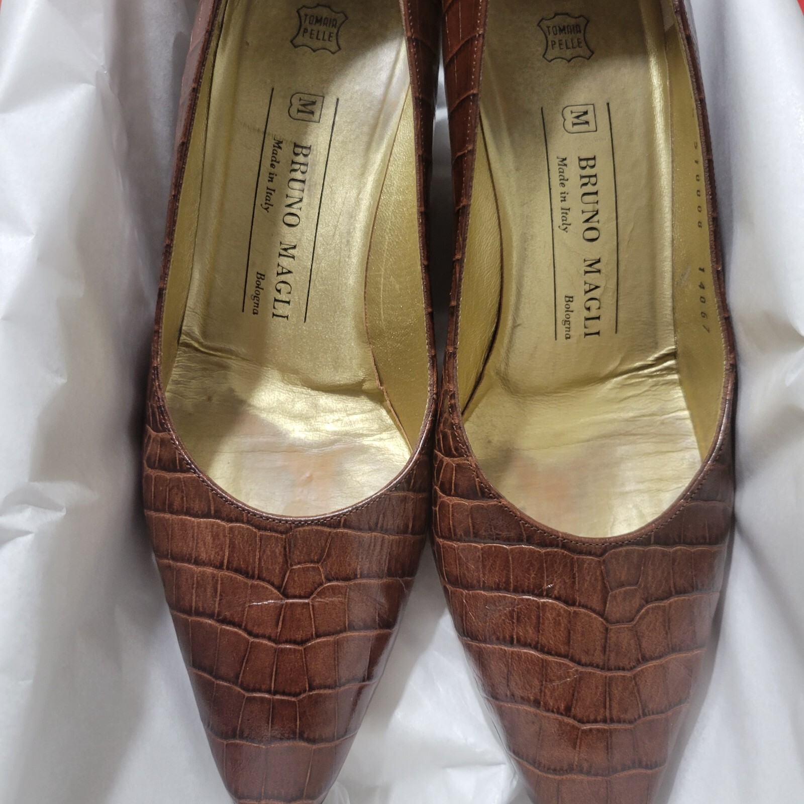 Vintage Bruno Magli Women Pumps Brown Embossed Reptile Print 2.5 In Heel Sz 8.5B