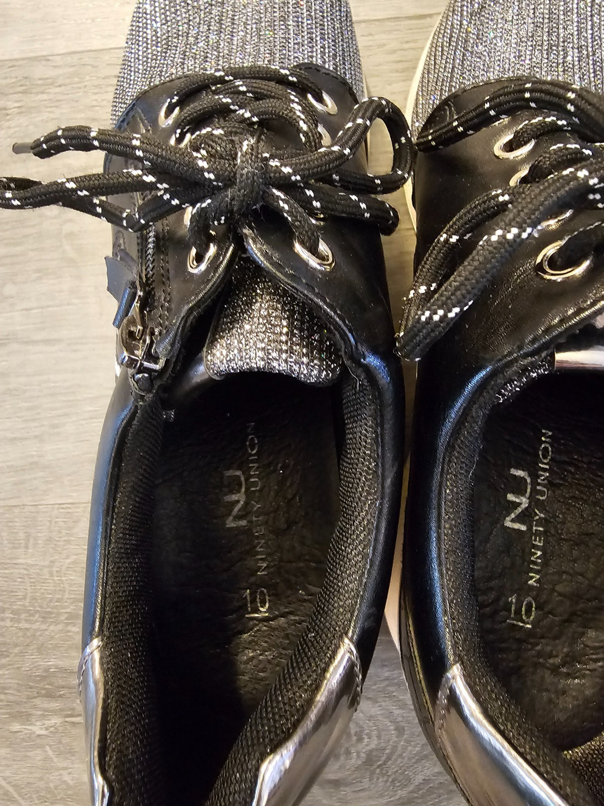 Ninety Union Womens Ultra Black Silver Sparkle Wedge Shoes Size 10 Side Zipper