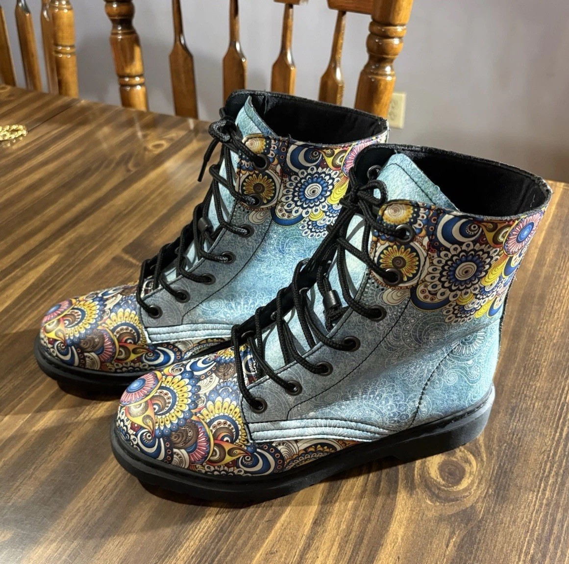 Yes We Vibe Vegan Leather Combat Boots Colorful Flower Mandala 8 Men 9.5 Women