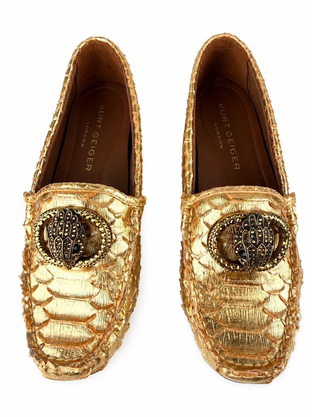 Kurt Geiger London Chelsea Mocassin Loafer Gold Eagle Lizard Snake Flats Sz 7