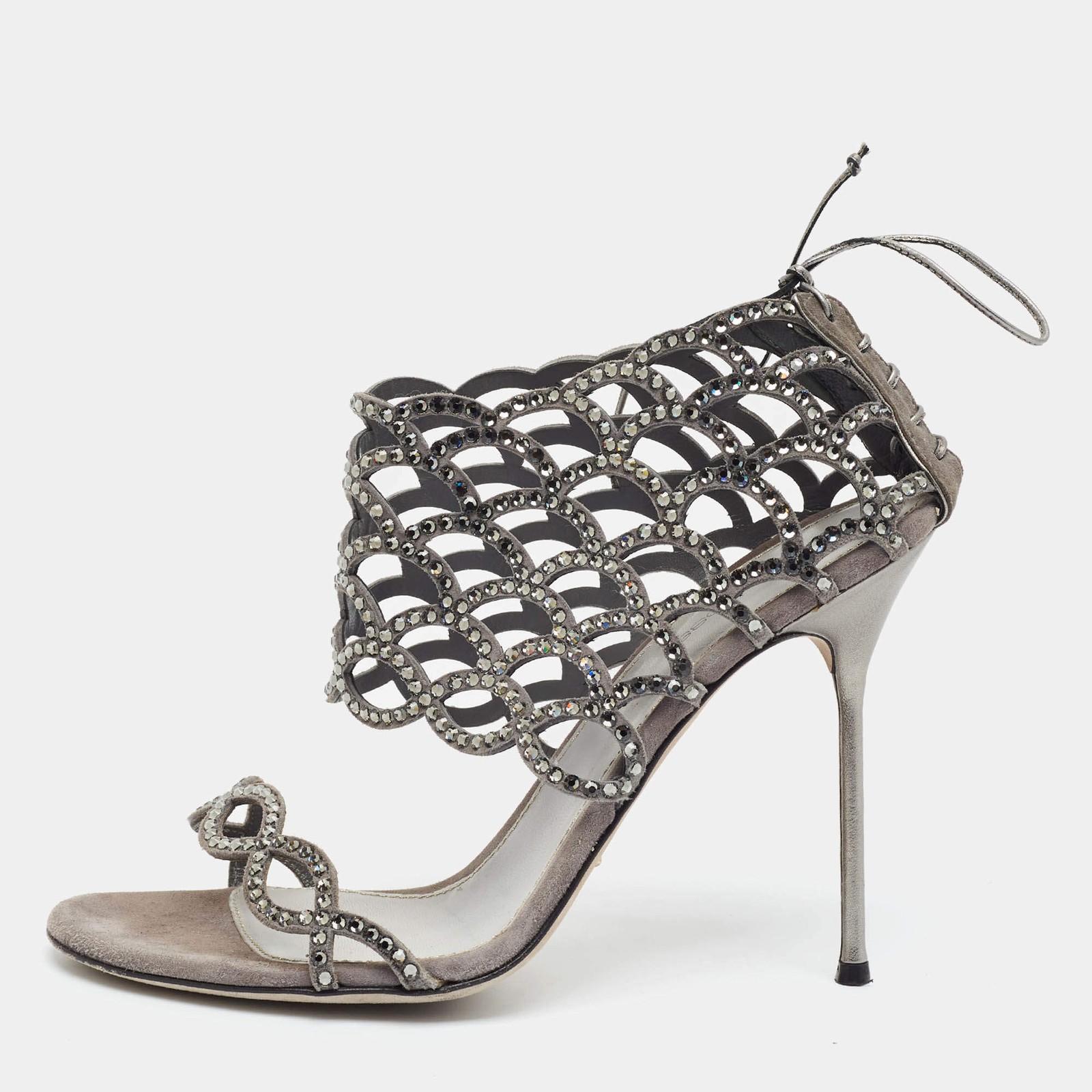 Sergio Rossi Size 39 Grey Suede Crystal Embellished Ankle Strap Sandals