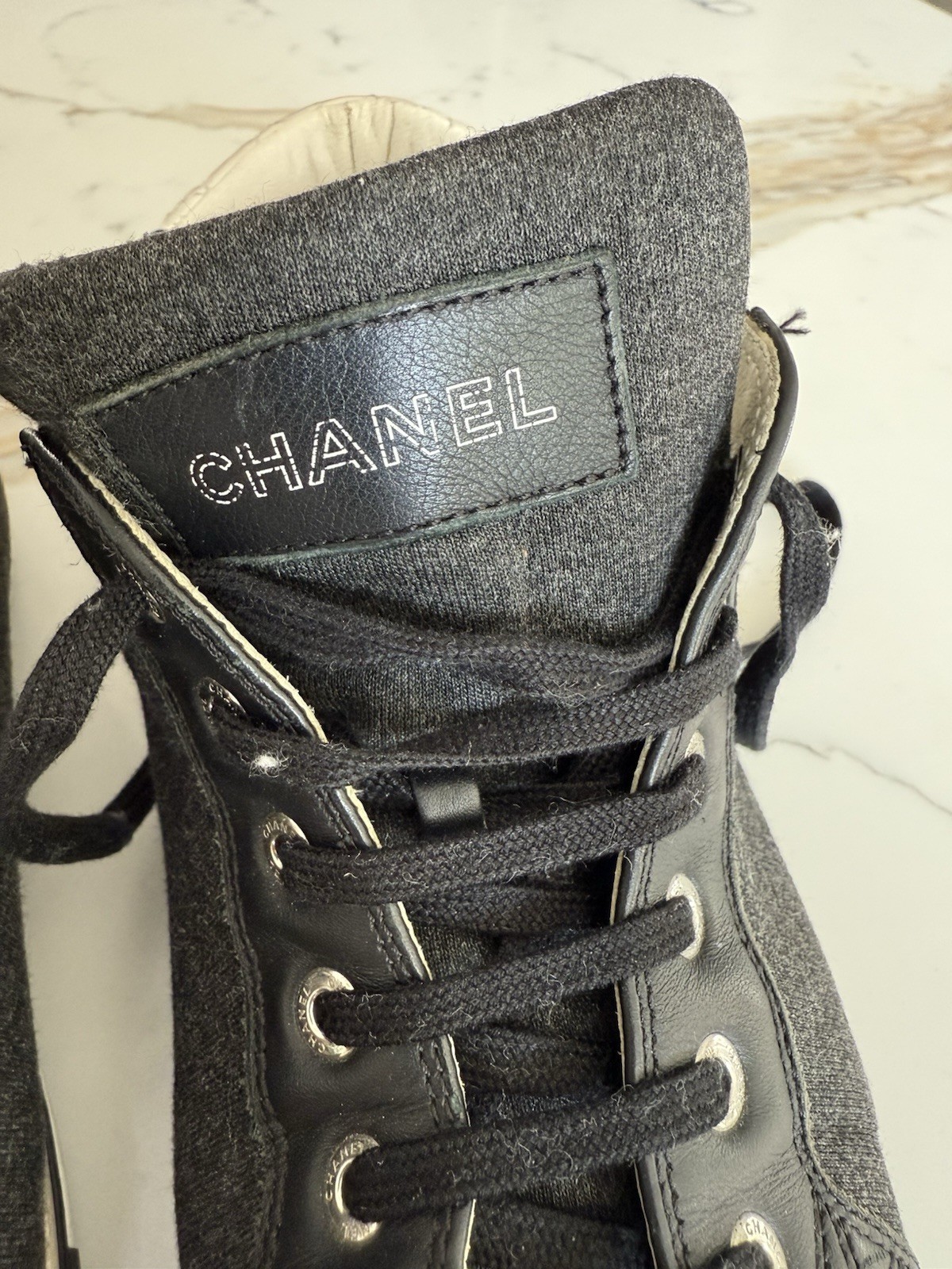 CHANEL High Top Sneakers Black Wool White Quilted Leather CC Logo Italy 7.5 -8