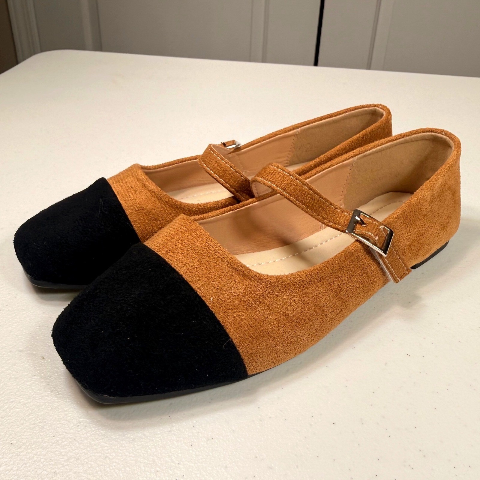 Two Tone Mary Jane Flats Cognac Black Cap Toe Square Toe Buckle Shoes Size 38