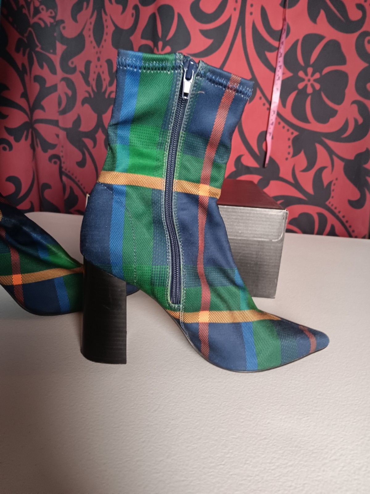vintage jeffrey campbell Green Plaid Boots Heels 7M Heels Y2k 90s Bohemian Goth