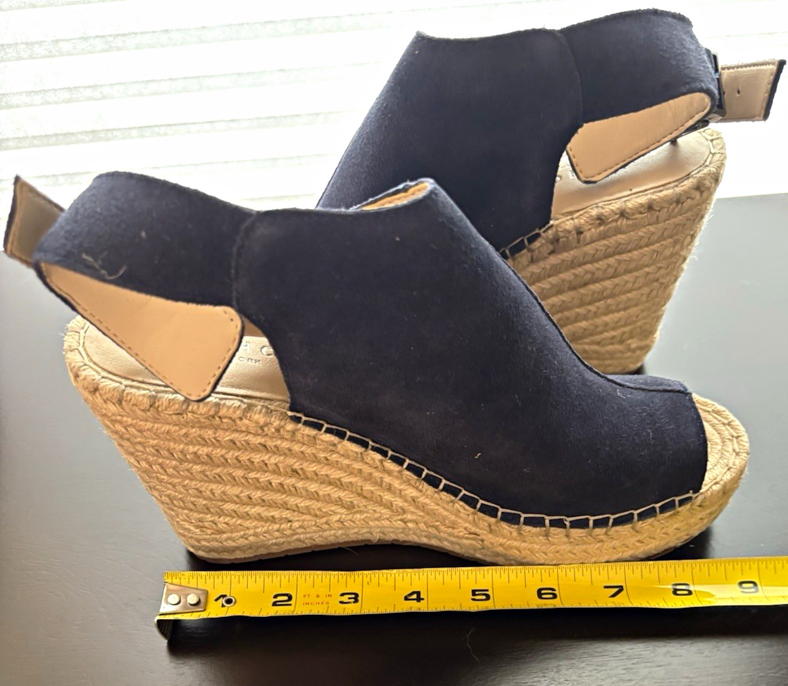 Kenneth Cole Navy/Beige Suede Espadrille Wedge Sandals Ankle Strap Buckle US 9