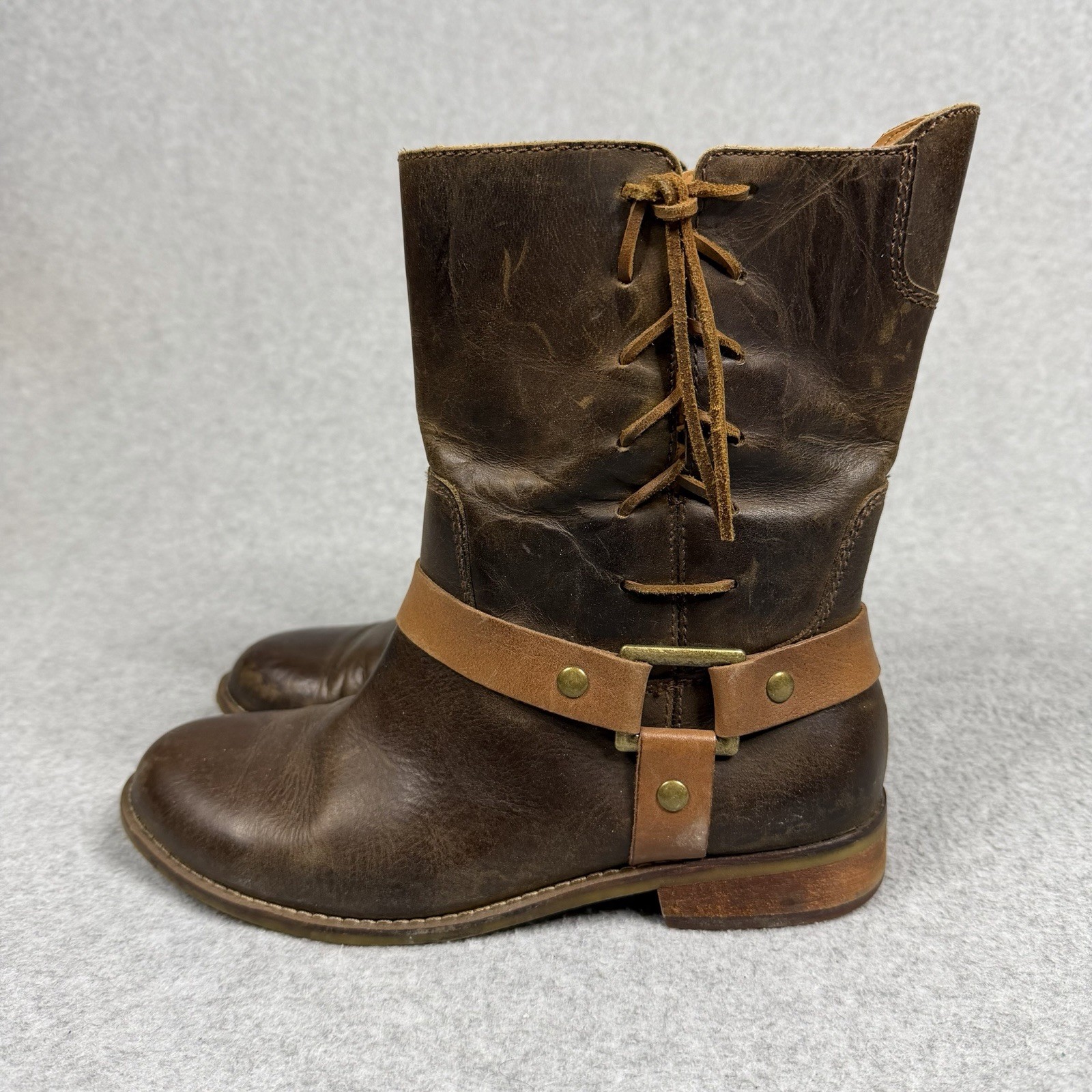 Latigo Thistle Boots Brown Leather Lace Up Side Harness Buckle Sz 6.5 M Two Tone