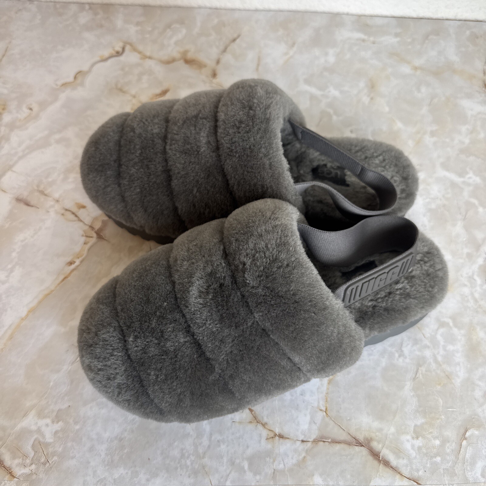 Ugg Womens Super Fluff Gray Slingback Slippers Shoes 8 Medium (B,M)