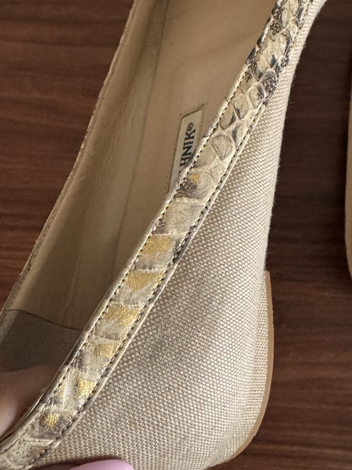 Manolo Blahnik Beige Canvas Pointed Toe Ballet Flats Snakeskin Trim US 7.5