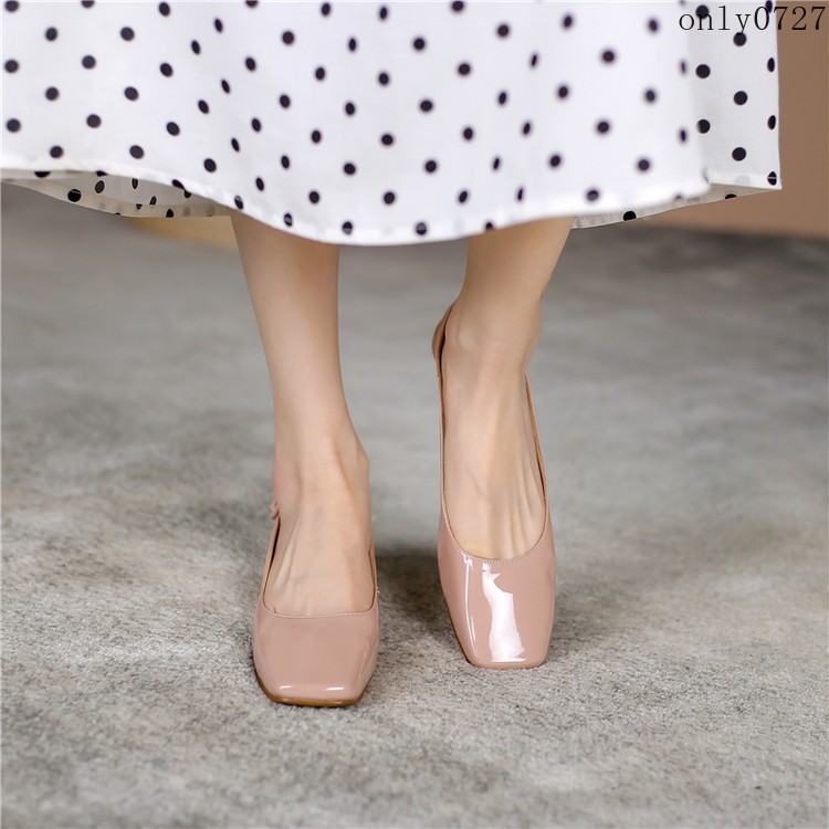 Women Patent Leather Square Toe Slingback Flat Ankle Buckle Office Casual Shoes