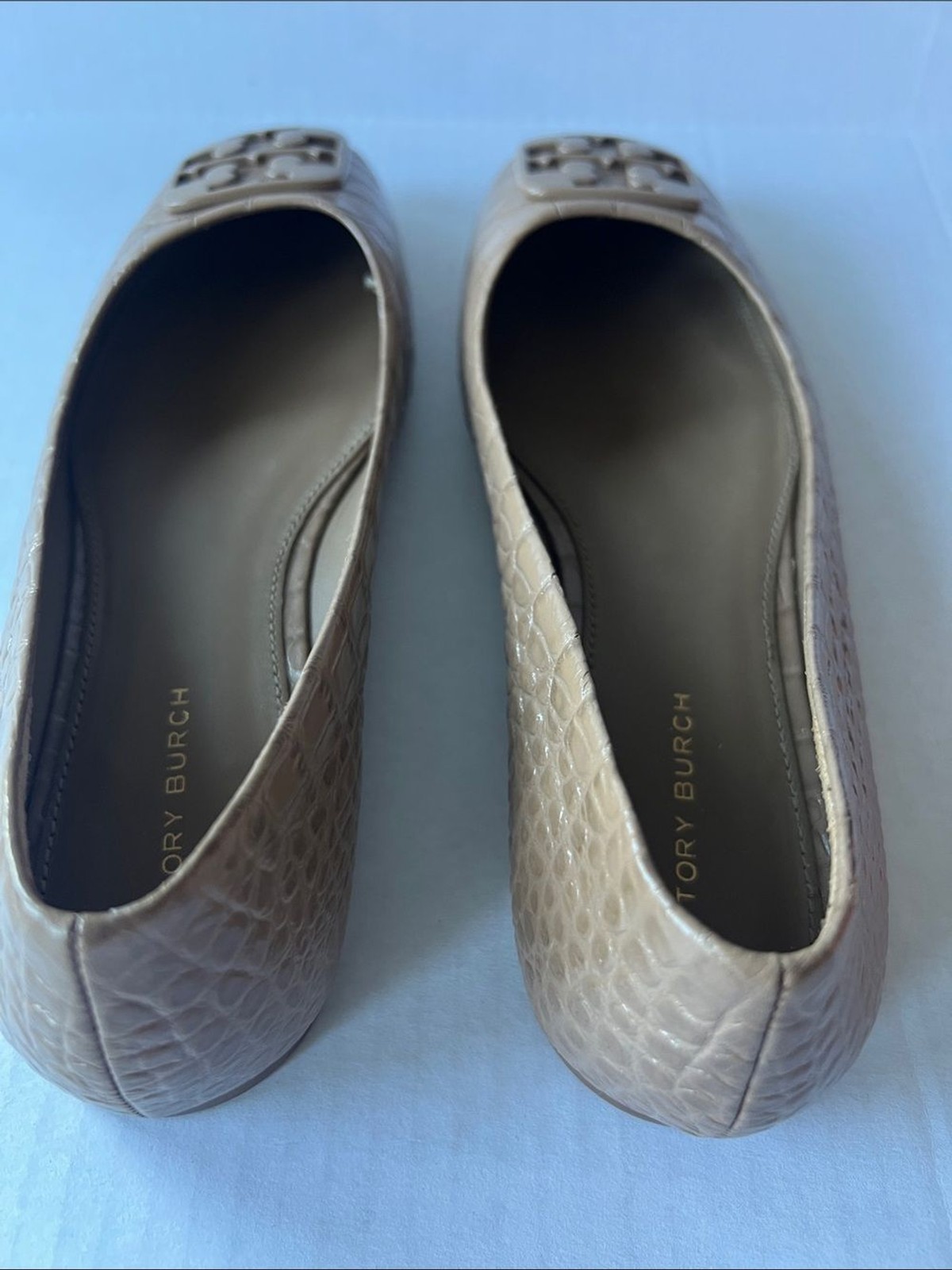 Tory Burch Taupe Croc-Embossed Logo Square-Toe Ballet Flats