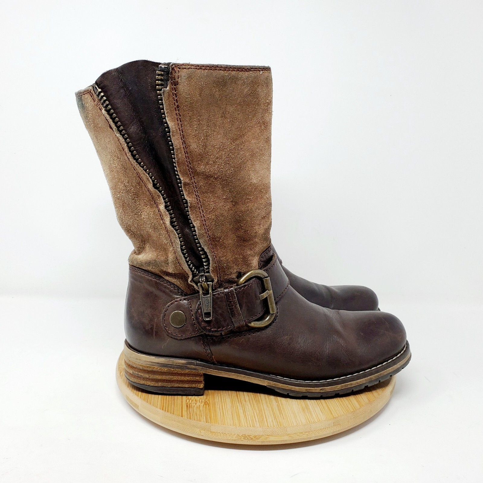 Clarks Majorca Isle Boots Womens 5.5 Brown Belted Buckle Moto Pull On Zip Shoes