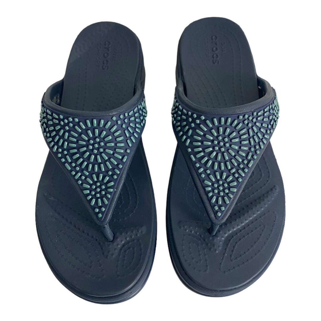 Crocs Monterey Diamante Women’s Navy Wedge Thong Sandals Size 7 Comfort Tongs