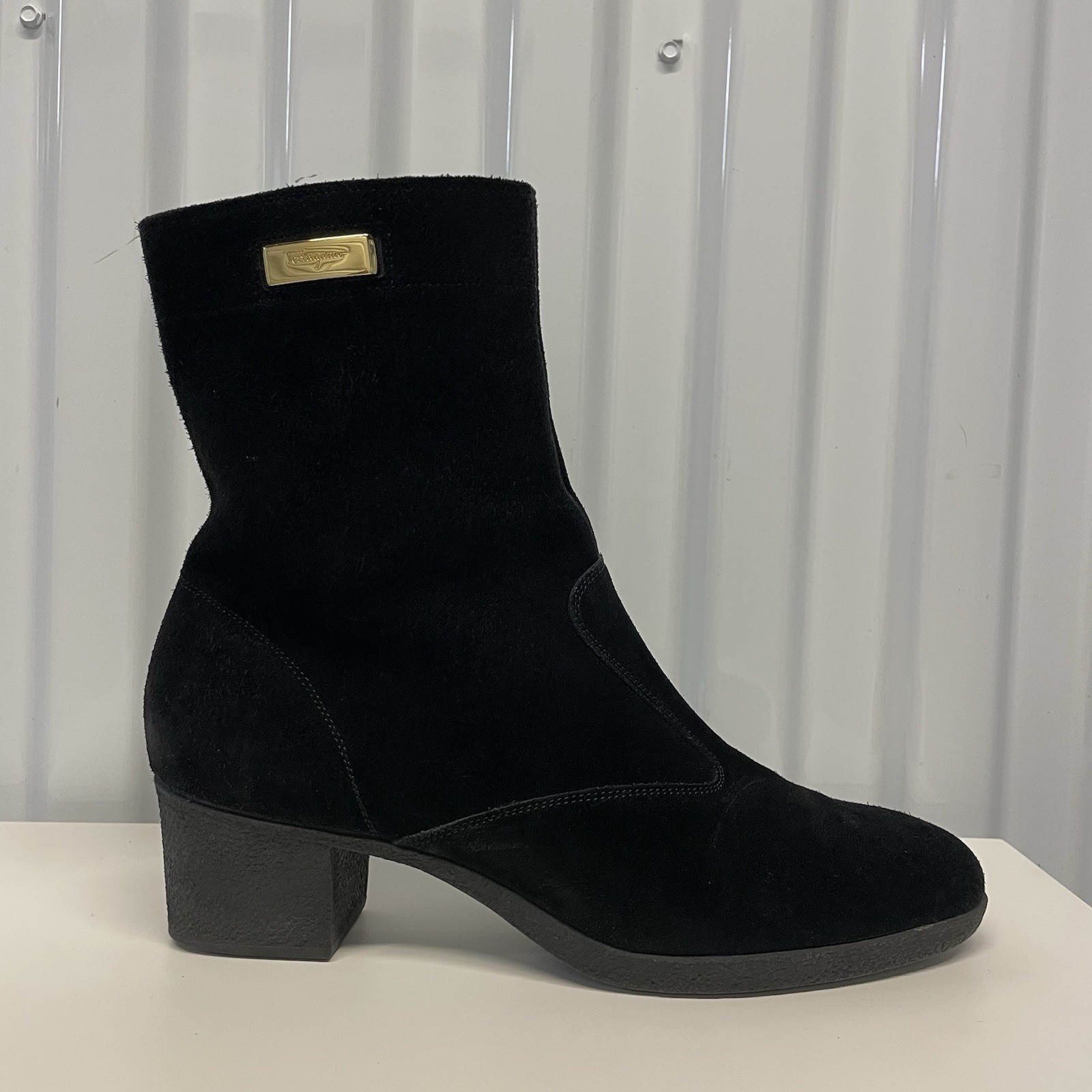 Vintage 90s Ferragamo Black Suede Logo Ankle Boots Women’s 5.5 B