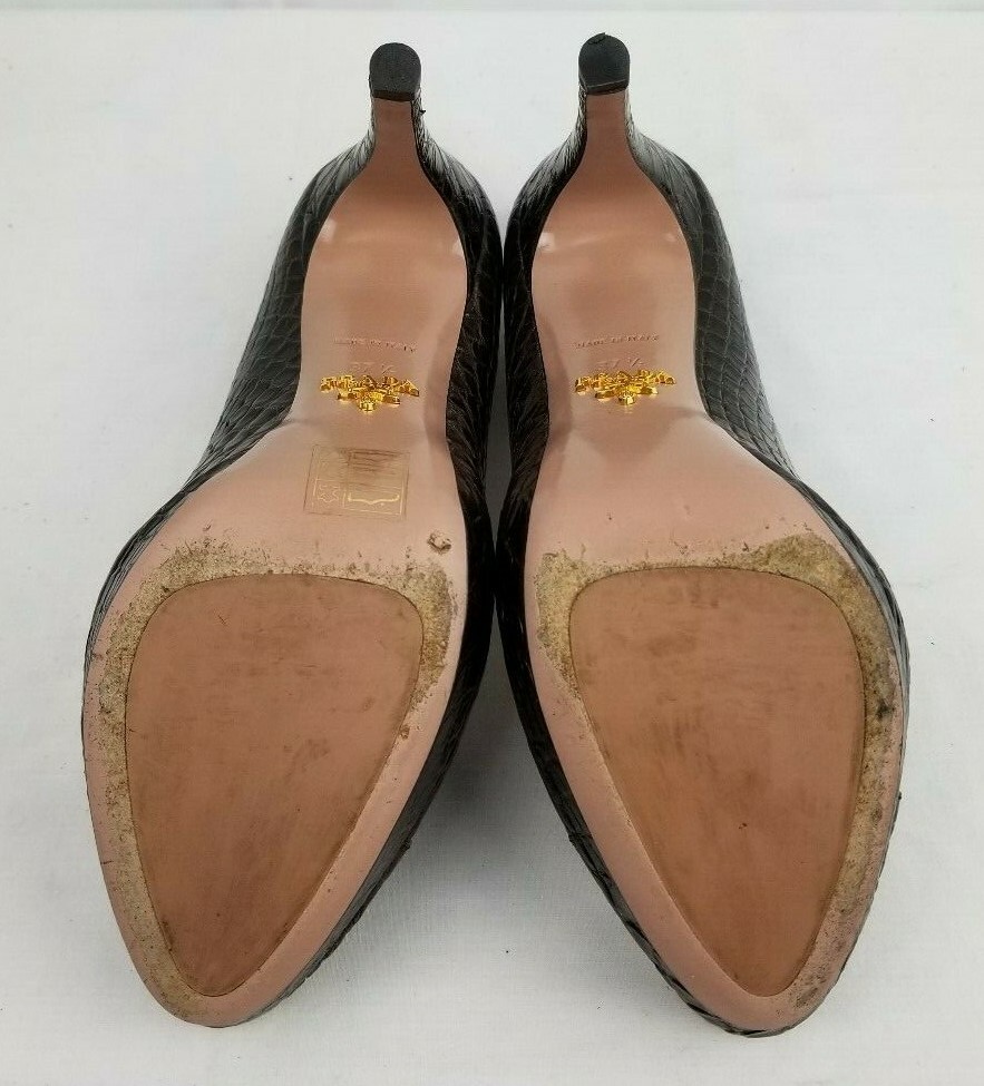 Prada Brown Textured Leather Platform Semi Pointed Toe Slim Heel Pumps size 37.5