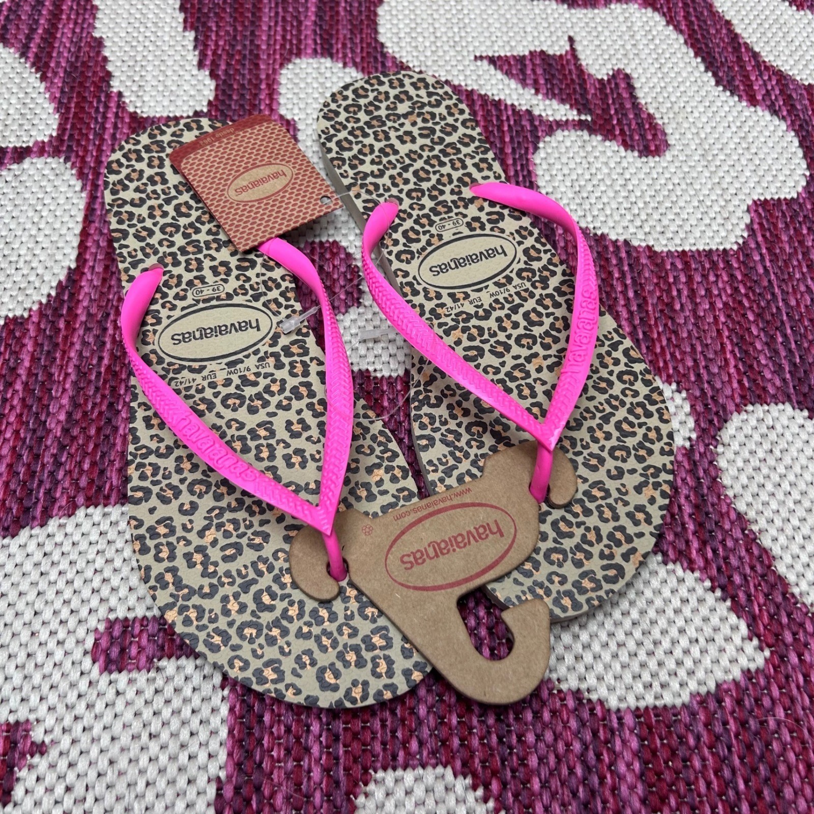 Havaianas Slim Leopard Flip Flops Neon Pink Straps Womens 9/10 39/40 New