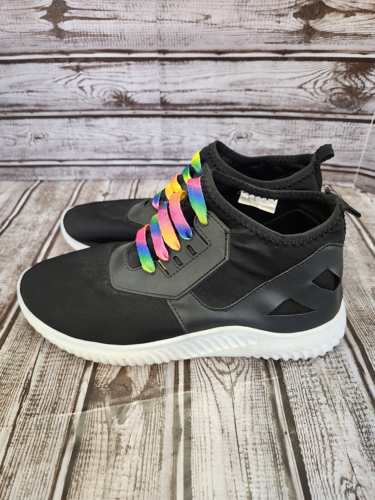 etc! Love Sz M 7/8 Light Weight Slip On Black Faux Leather Rainbow Laces Shoes