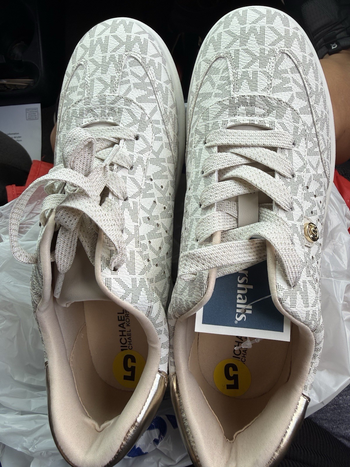 Michael Kors Women’s Low Top Lace-Up Sneaker White Logo Print Gold Accents