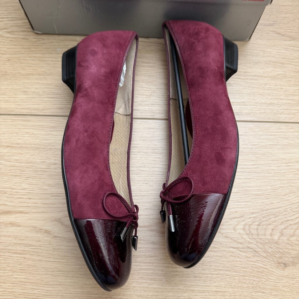 ara Betty Barolo Suede Ballet Flats Womens US 10 Burgundy Patent Cap Toe Bow