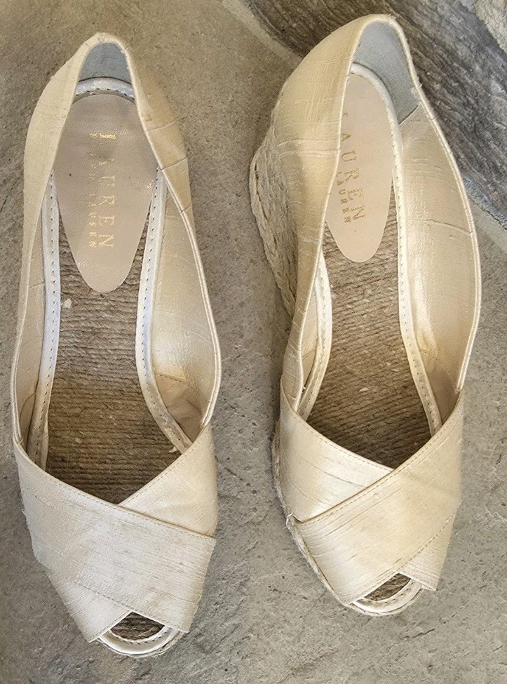 Lauren Ralph Lauren Womens 9 Cecilia Peep-Toe Espadrille Wedge Sandals Cream Tan