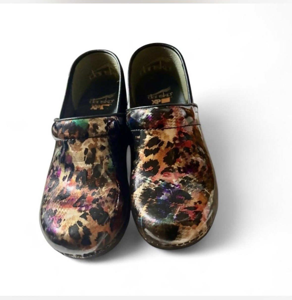 Dansko XP 2.0 Clogs Multicolor Leopard Patent Leather Casual Workwear Size 39